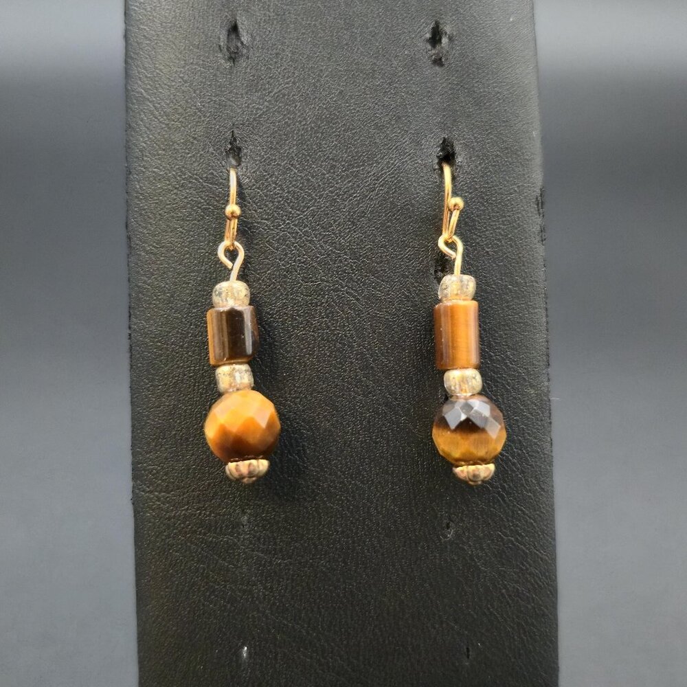 Gold Plated Tiger's Eye Stone Dangle Earrings A6927